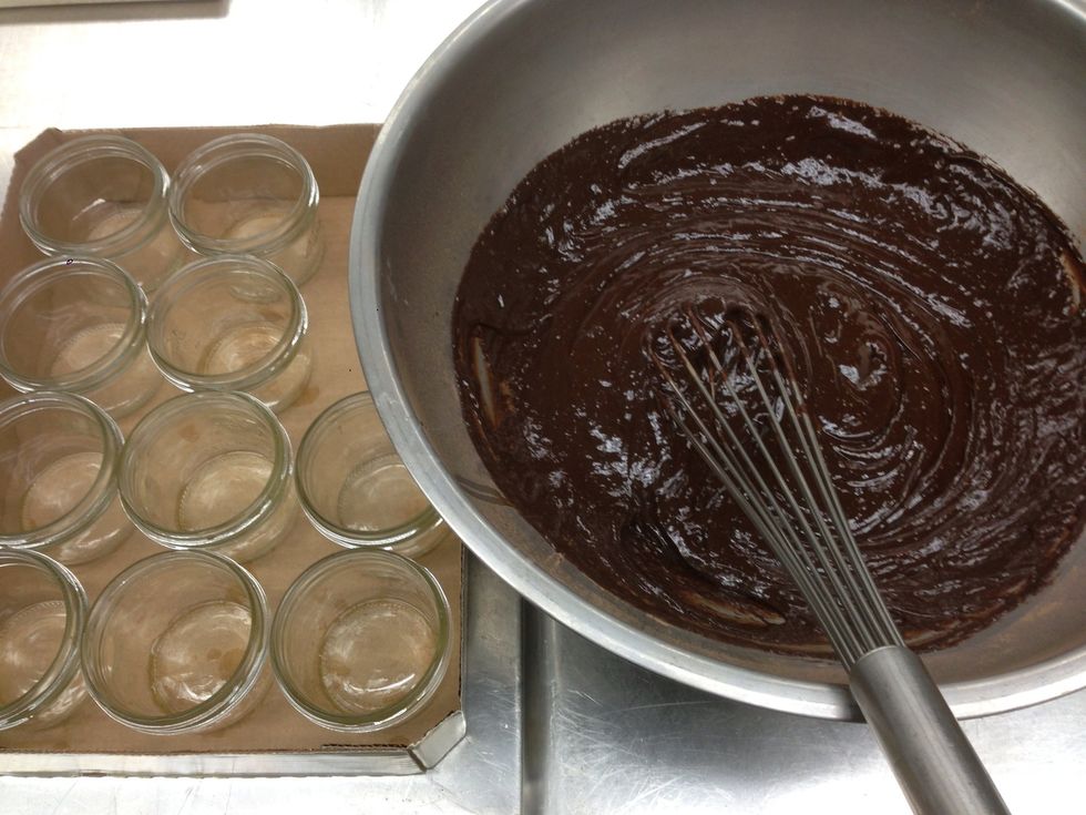 Add cooled butter/chocolate mixture slowly to sugar ingredients until combined.
