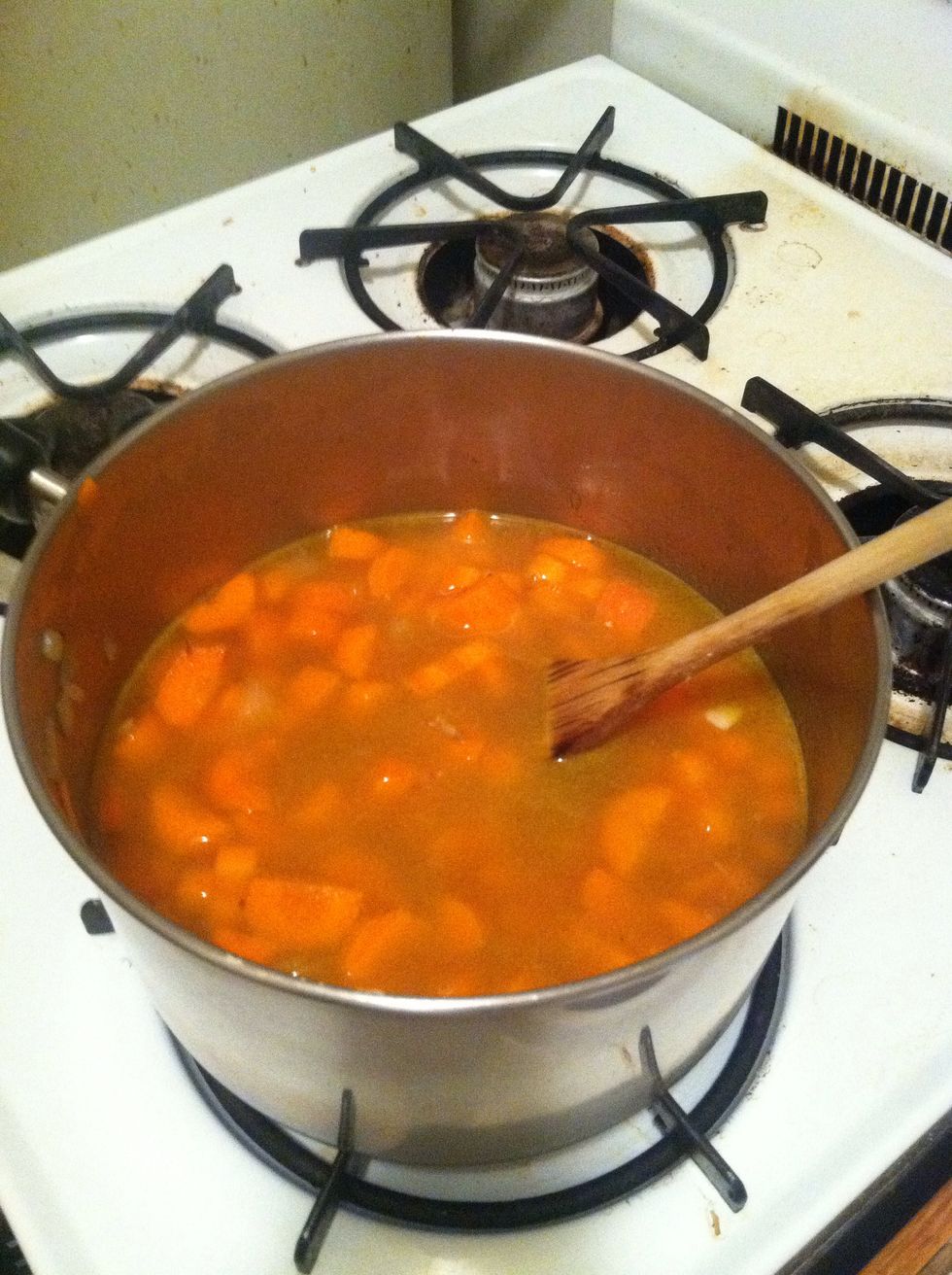 Add coriander and diced carrots. Add vegetable broth, reduce heat, and simmer mixture until carrots are completely softened, ~30 minutes. Remove from heat and allow to cool for 20 minutes.