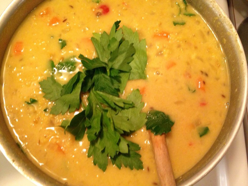 Add coriander (I had some flat parsley that needed to be used so I took that instead). Stir again and add the salt. If you like it spicy add more of Kay's spice mix or just more cayenne when serving.