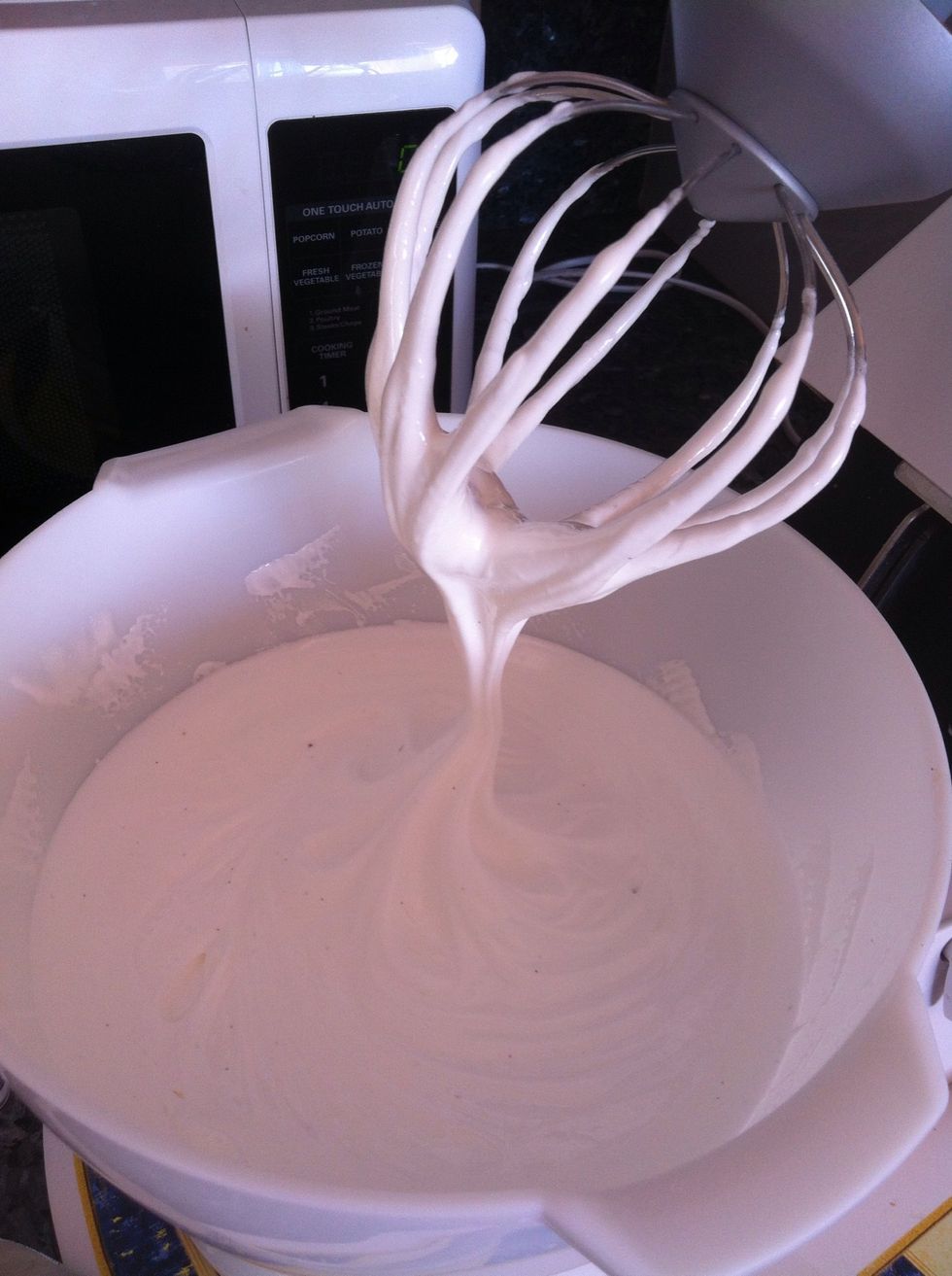 Add cornflour, vinergerrtee, vannila and beat on high till mixture peaks up when you lift the beater