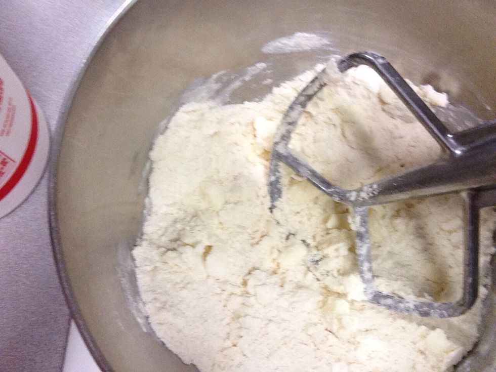 Add cottage cheese to flour mixture. Should look like this.