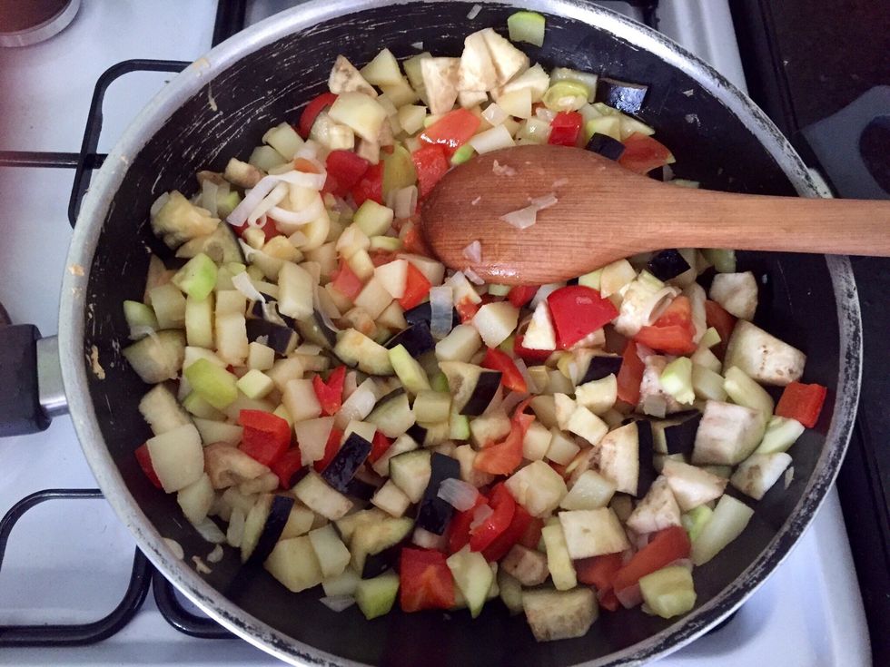 Add courgette, tomatoes and aubergine