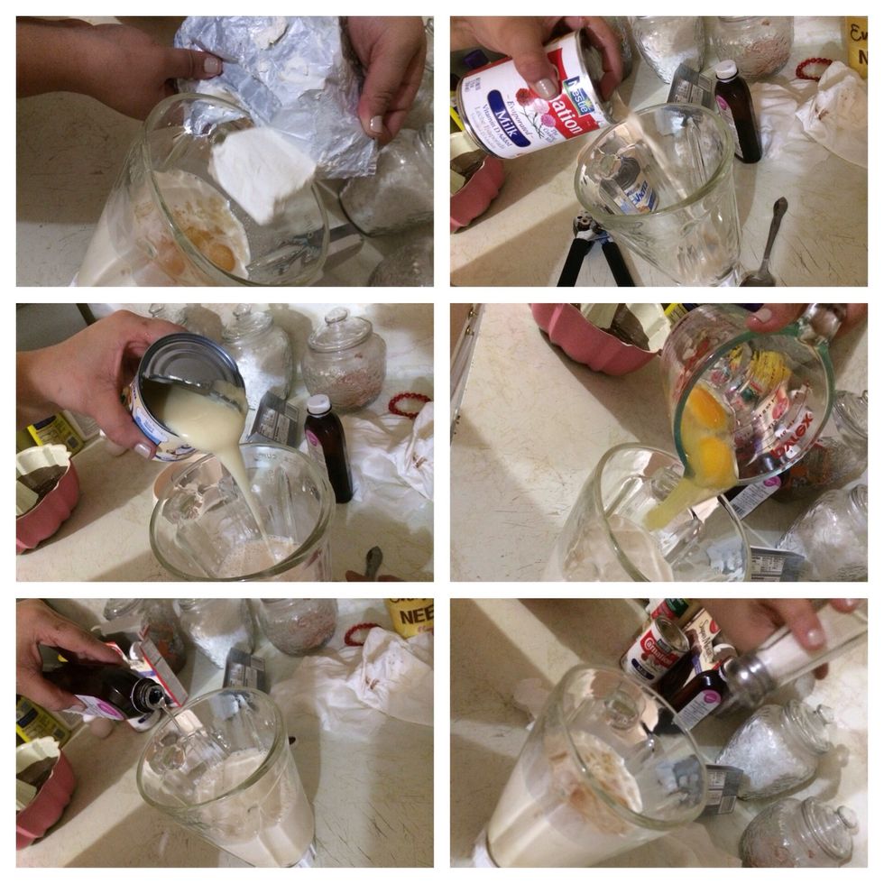 Add cream cheese, condensed milk, vanilla extract, evaporated milk, 2 eggs, and salt