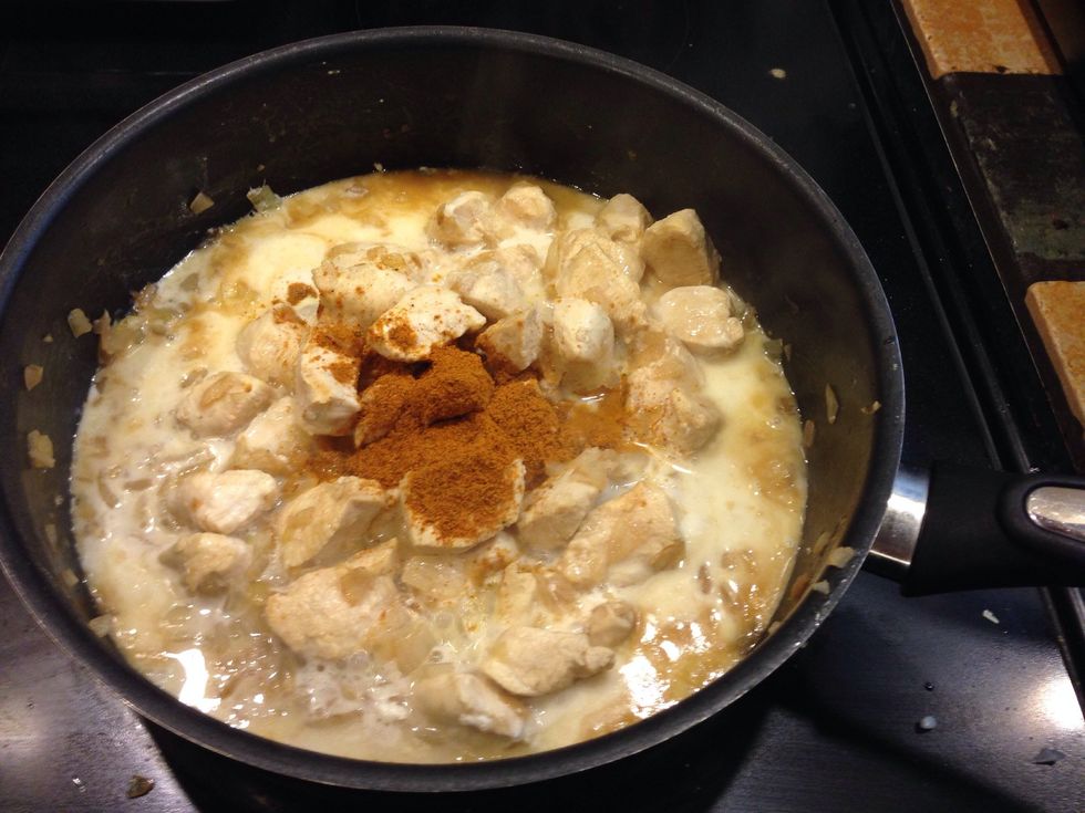 Add cream, water and curry. Use anywhere from 1/2-1 tablespoon depending on your likening.