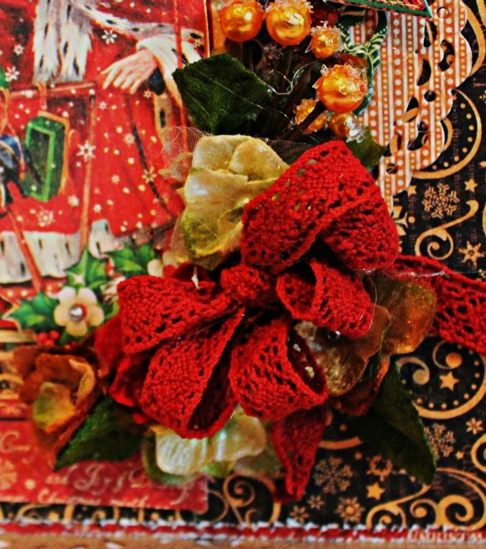 Add crochet lace ribbon bow to front of card.