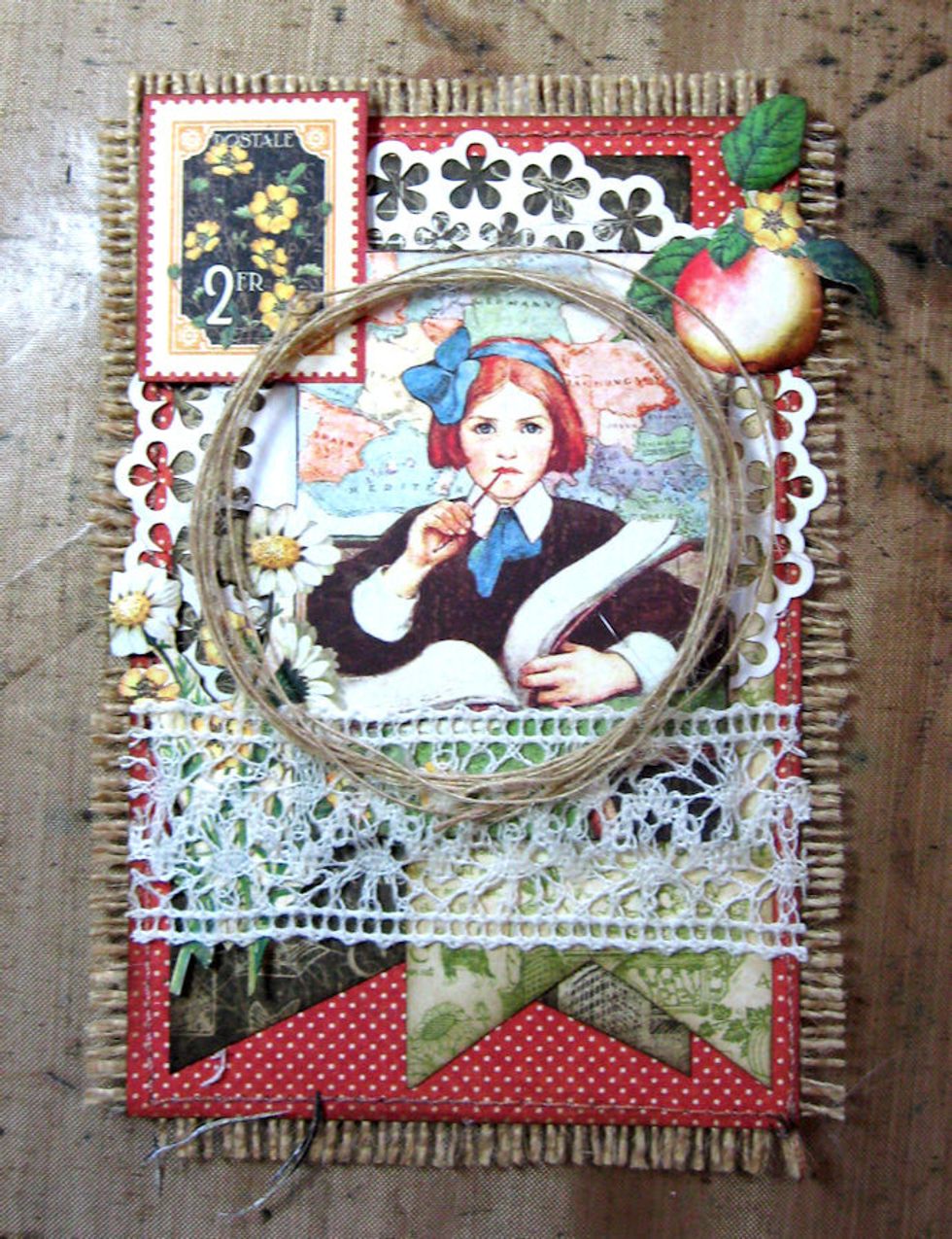 Add crochet lace to base of image. Create a wreath by wrapping burlap around the 4 fingers of one hand. Shape into circle. Hold in place with very small dots of hot glue.