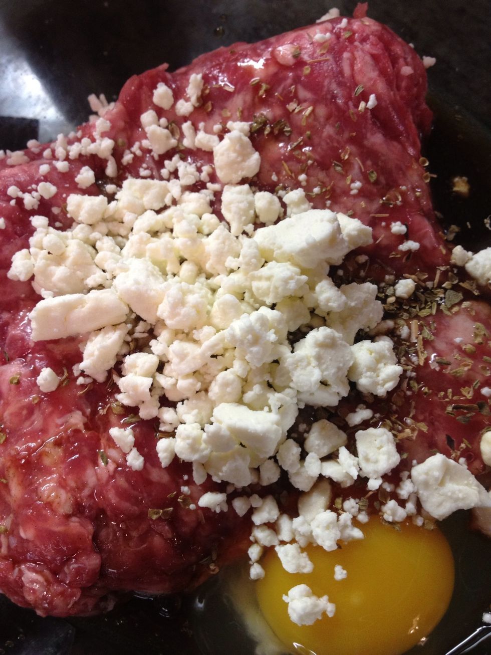 Add crumbled feta or bleu cheese. Mix the ingredients thoroughly with your hands. Yes, you're going to get dirty!