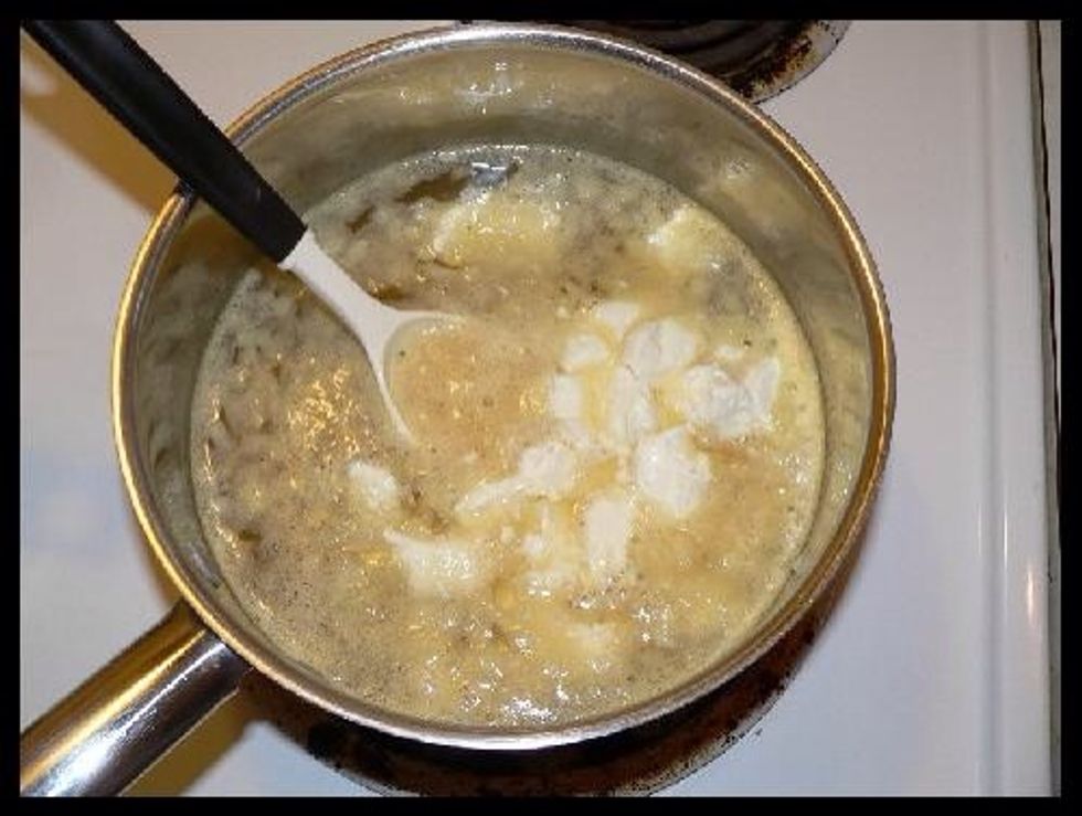 Add cubed Philadelphia cream cheese into Chicken Broth Saucepan. Stir. Keep heat low. You want cheese to melt but do not want mixture to boil.