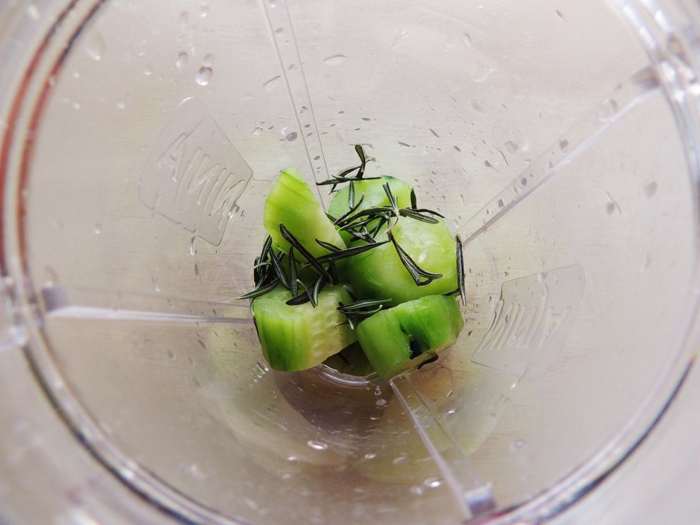 Add cucumber, rosemary and 1/2 cup of water to your blender, processor, ninja, etc. Mix, blend, pulverize into a frothy liquid.