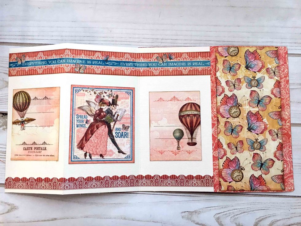Add cut-aparts or ephemera cards to each of the 3 panels on the ivory cardstock.