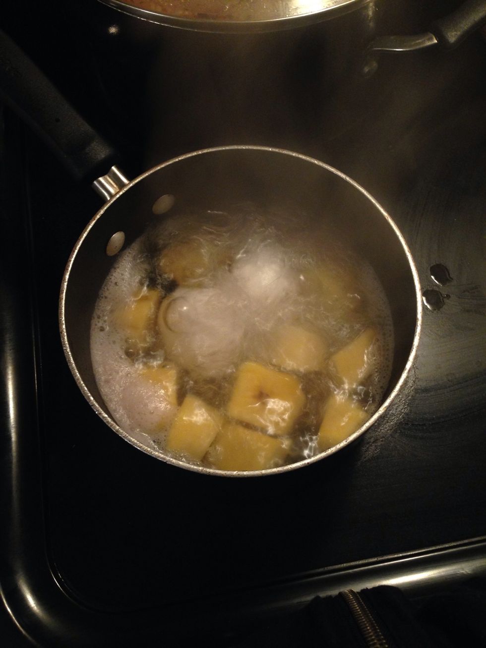 Add cut plantains into a small pot and bring to a boil. At the same time add two large eggs.