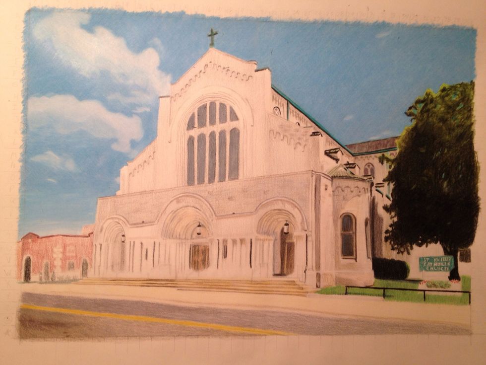 Add darker spots to look like bricks shading front right of the face of the church added shadows on upper roof windows