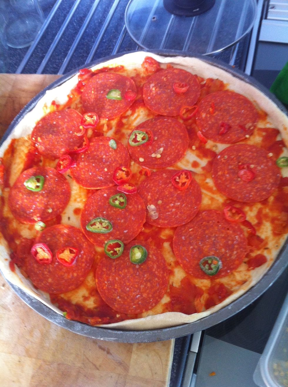 Add desired toppings: Chillies & Pepperoni for me...