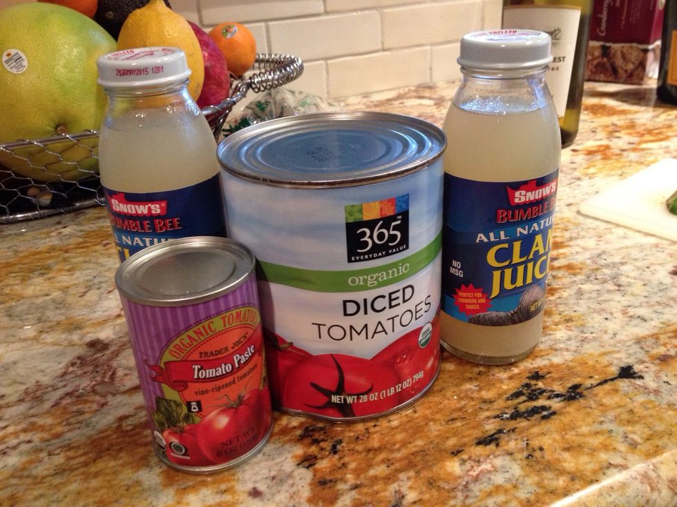 Add diced tomatoes, tomato paste & clam juice. Mom usually adds vegetable broth for more liquid.