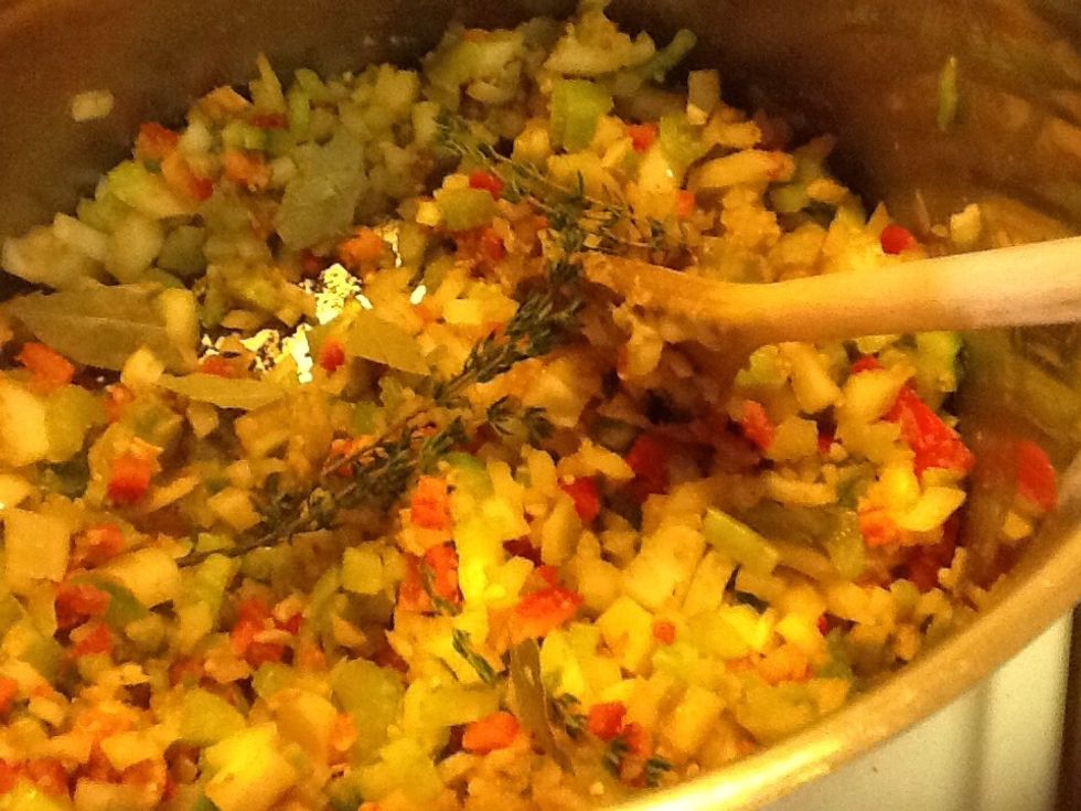 Add dices vegetables and a few sprigs of time.