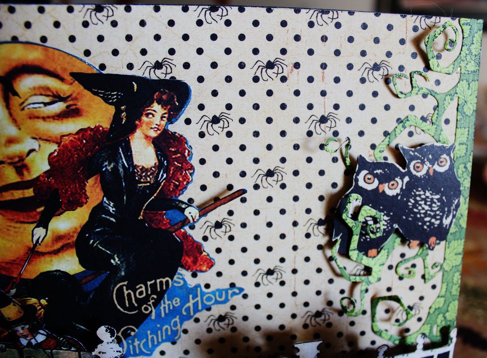 Add die cut twisted edge along with fussy cut owls.