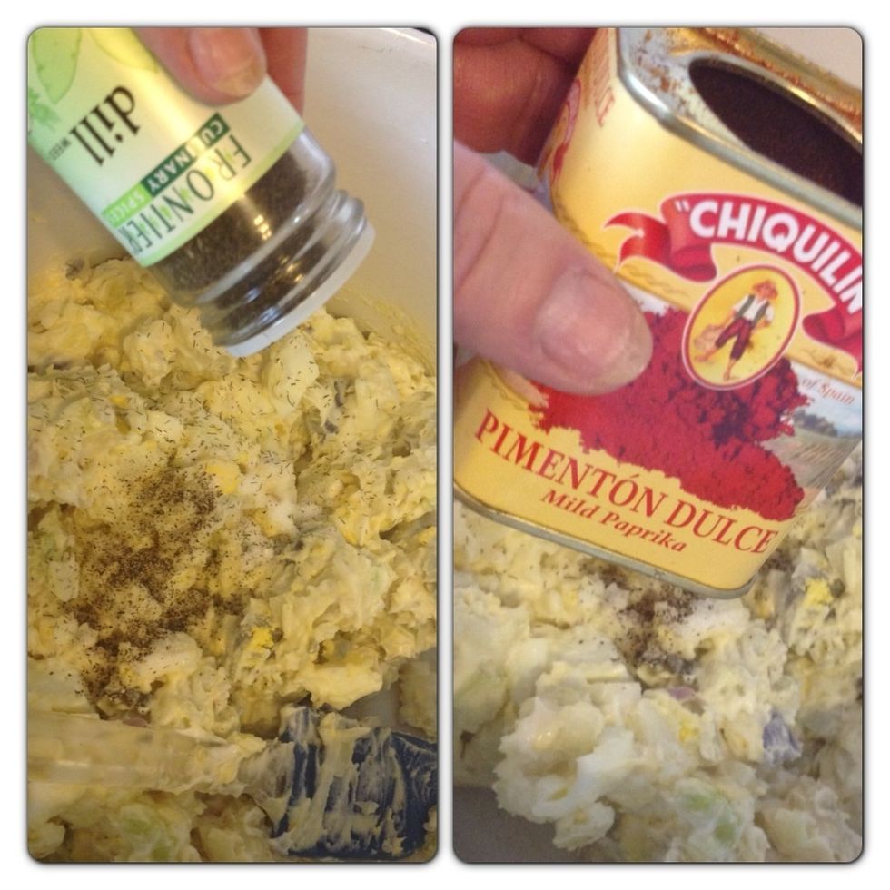 Add dill (if you want) and paprika. Remember, potato salad is all about personal taste. You can pick and choose what you want to add (or not add) and how much.