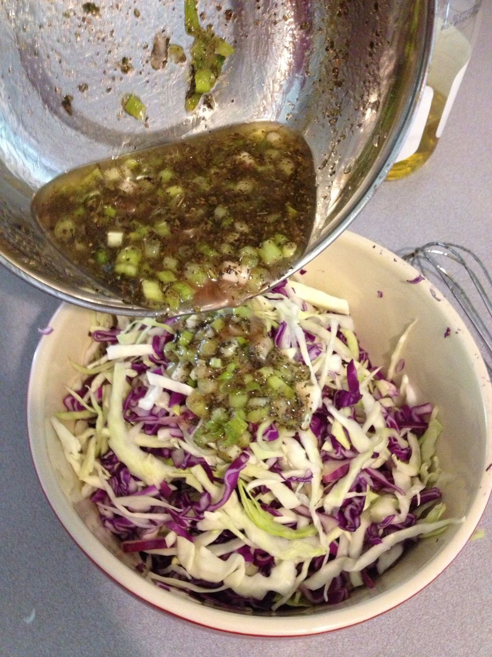 Add dressing to cabbage and stir thoroughly to coat.