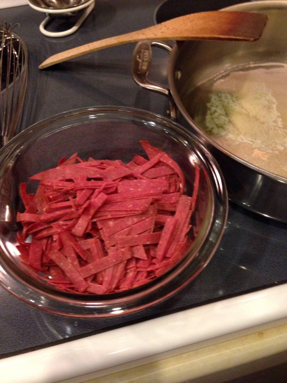 Add dried beef and saut\u00e9 about five minutes.