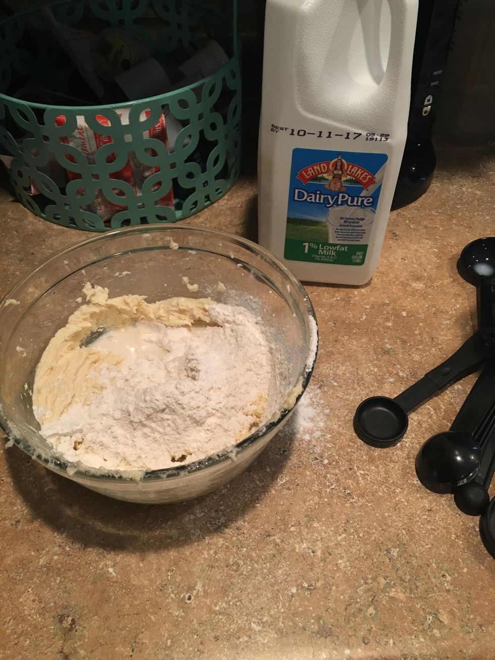 Add dry ingredients  alternately with milk. Add peppermint extract. Mix well.