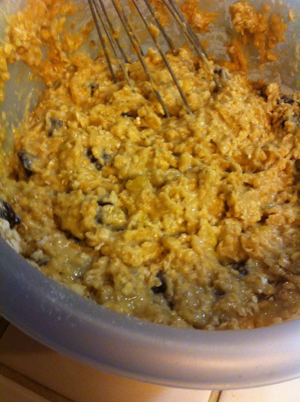 Add dry ingredients to liquid ingredients, the mix will become thick and gooey