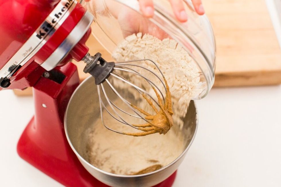 Add dry mixture to wet mixture.