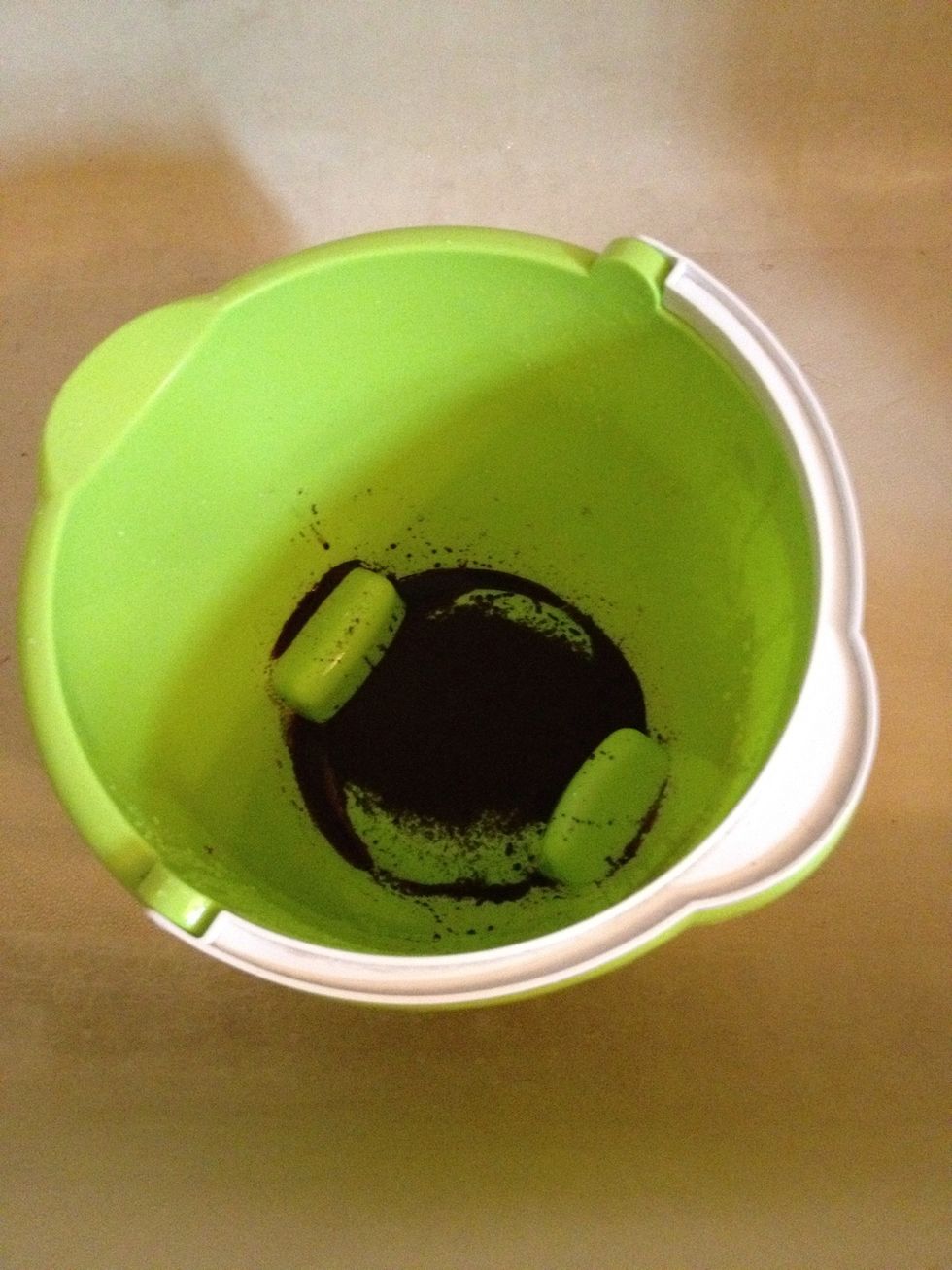 Add dye to the bucket. Then fill the bucket with the proper amount of water according to the directions and mix with your wooden spoon just to make sure all the powder is mixed up.