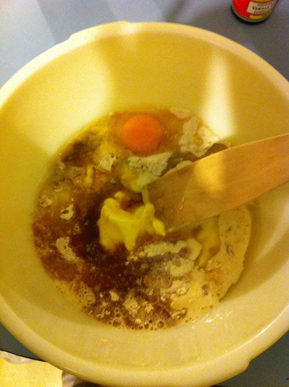 Add egg, butter, honey and vanilla essence.