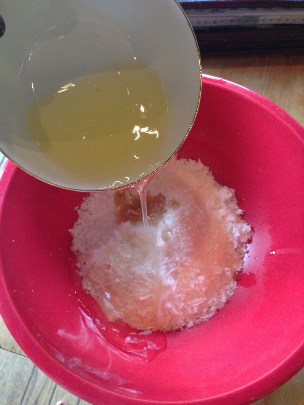 Add egg whites. Then mix, I used my clean hands because it was easier to me, but use whatever you want.