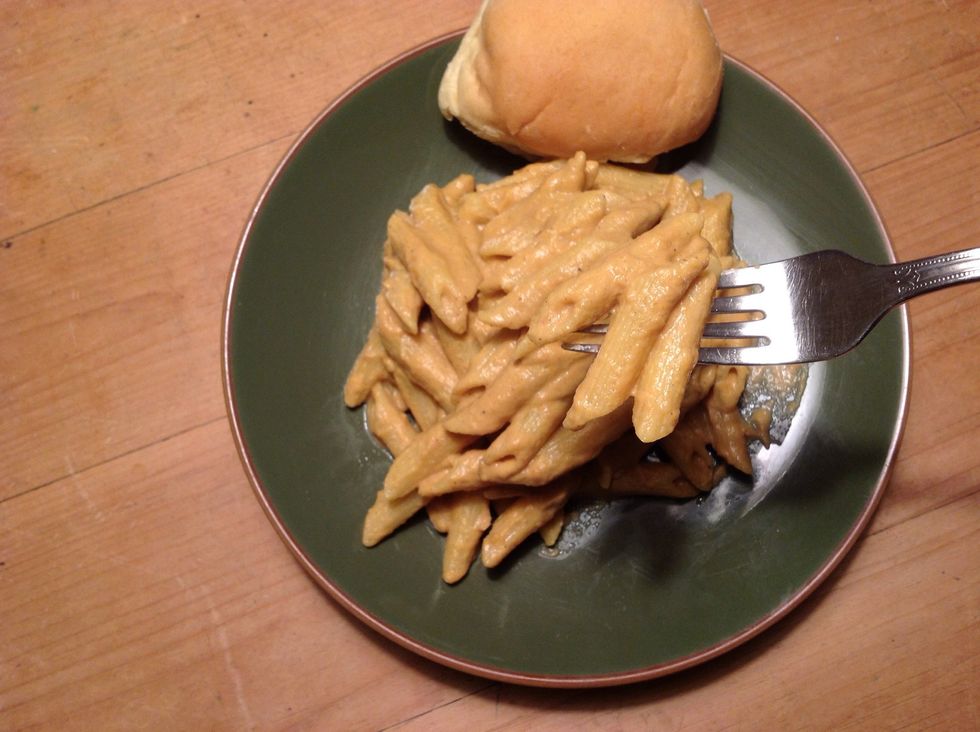 Add eggplant, cream, saffron powder, seasonings and blend. Taste and re-blend. For spicier add crushed red pepper flakes. Mix with Penne. Serve with French bread or the quintessential dinner roll!