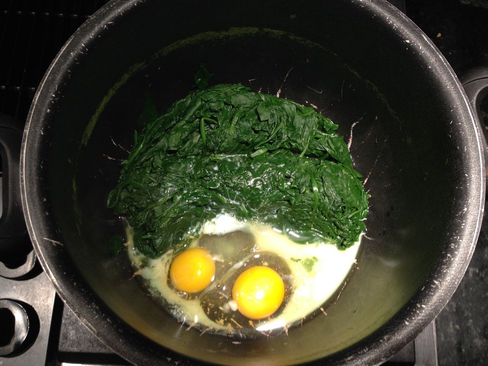 Add eggs and milk, turn on stove to medium. We want to get it boiling again.