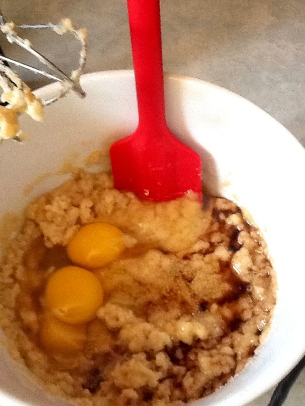 Add eggs and vanilla to wet mixture and blend lightly....