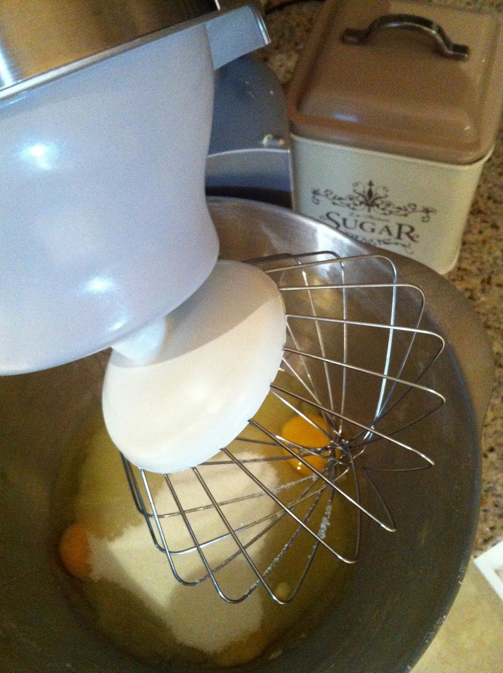 Add eggs, juice, sugar and flour.