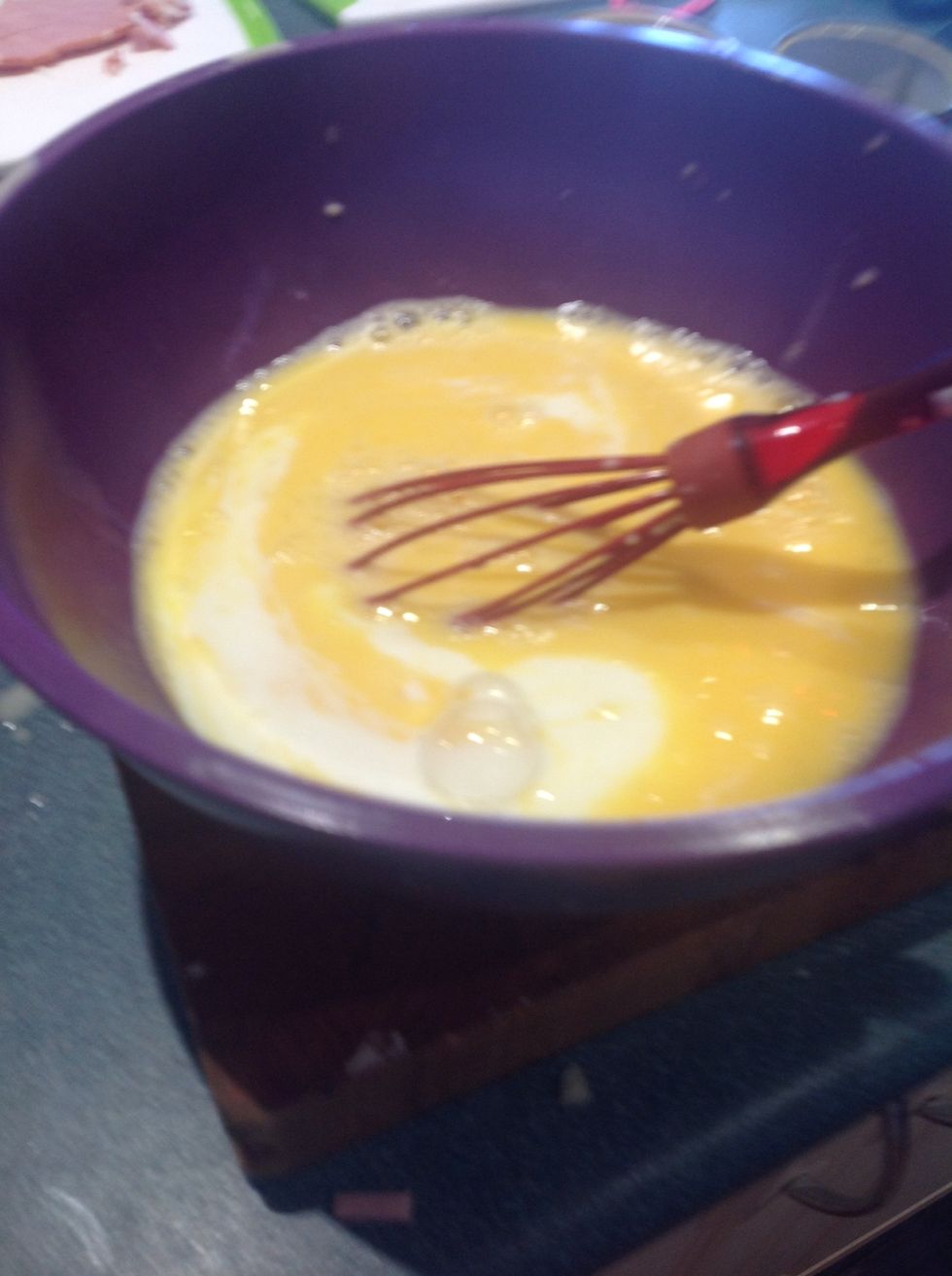 Add eggs milk and cream and wisk together