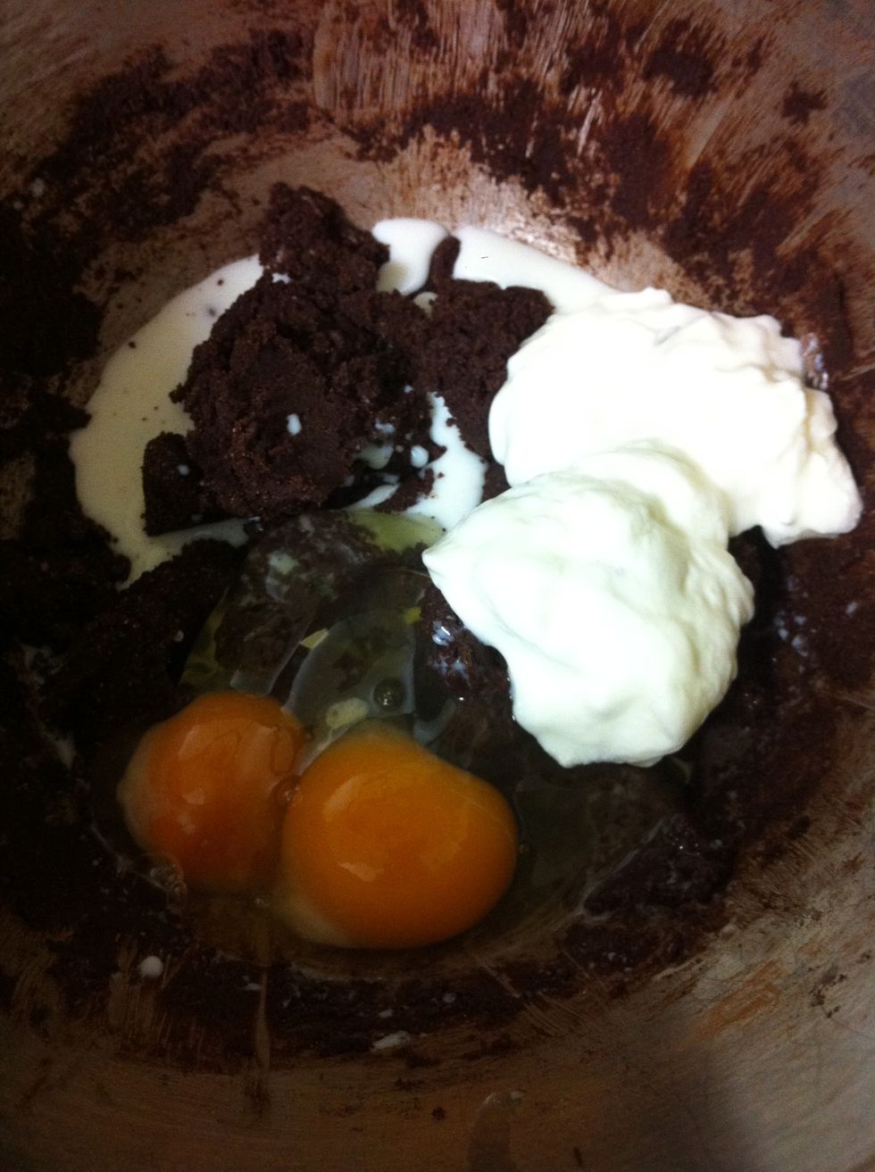 Add eggs, milk, yogurt to mix