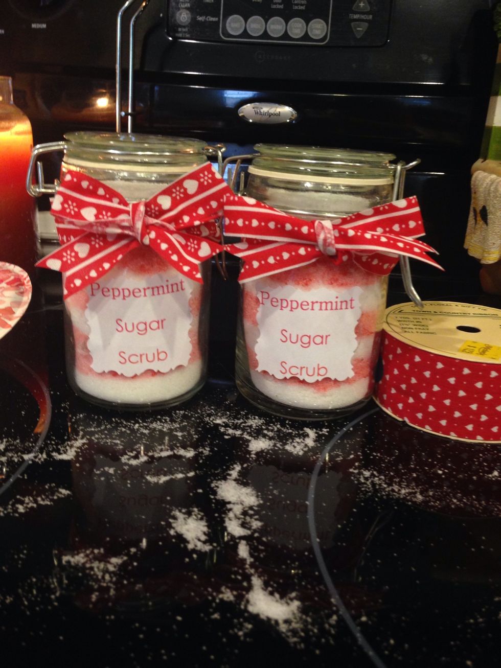 Add embellishments! I added some red ribbon (hot glued in place) and a label I created and printed off.