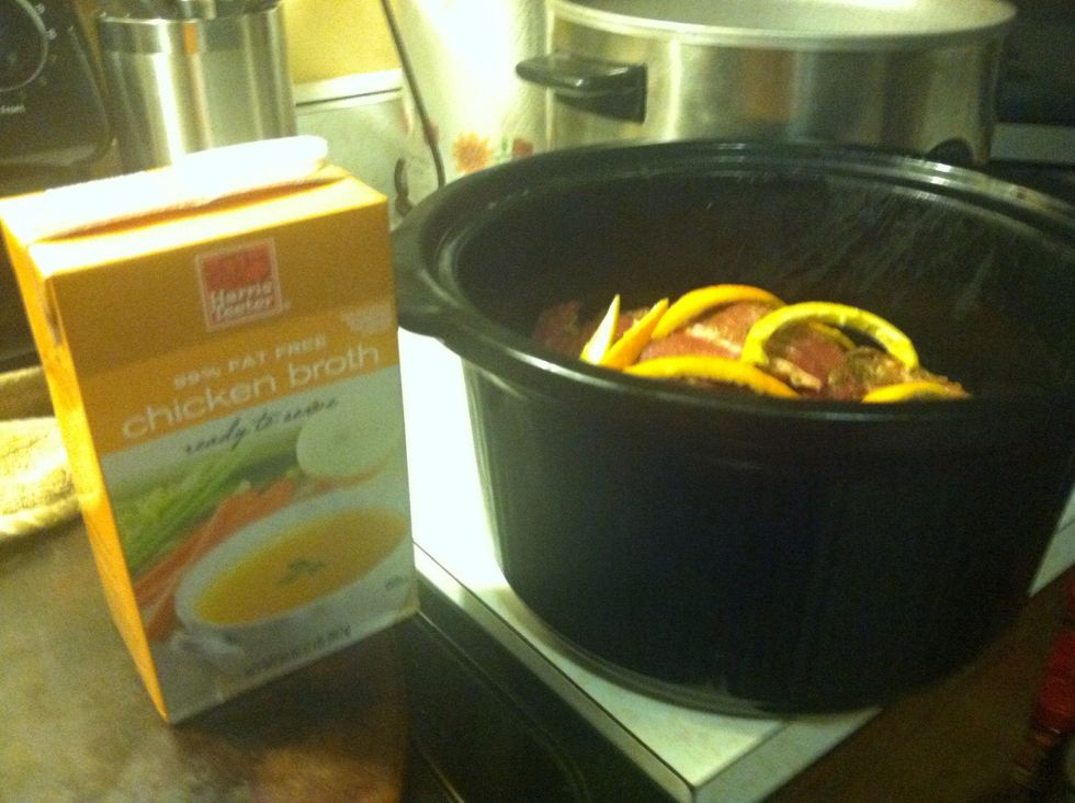 Add enough chicken broth to be even with the pork, don't cover it and wash the spices off the meat. Cover and refrigerate over night, or atleast for a few hours.
