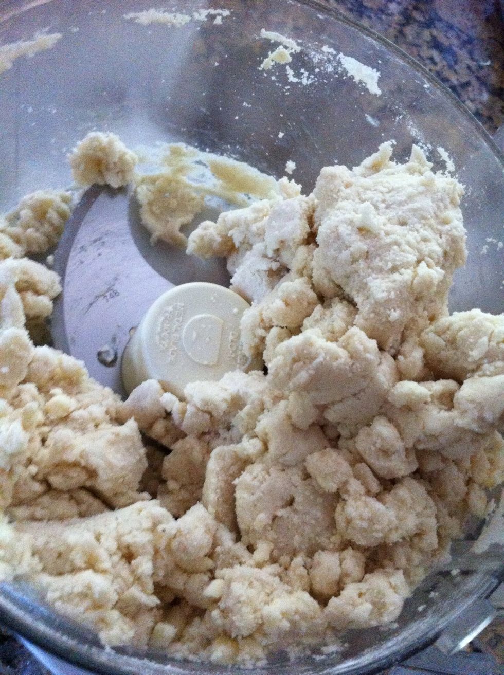 Add enough COLD water until it starts to form  a ball. Start with 1/4 cup and keep adding as needed. This makes a double pie crust