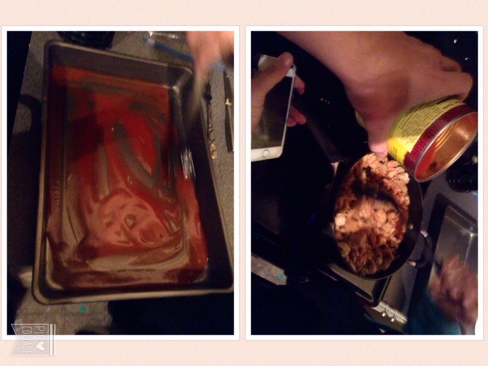 Add enough enchiladas sauce to coat chicken and add a thin layer to the pan