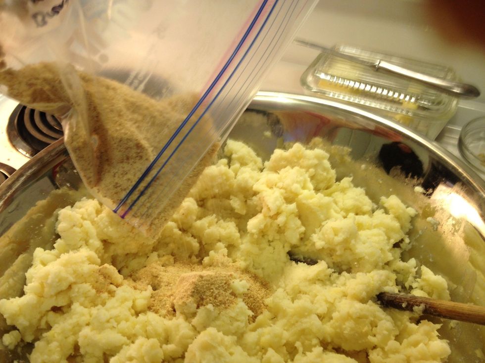 Add enough fine breadcrumbs to make the mixture moldable and not too sticky. These are the breadcrumbs that I saved from making homemade croutons. (Another guide).