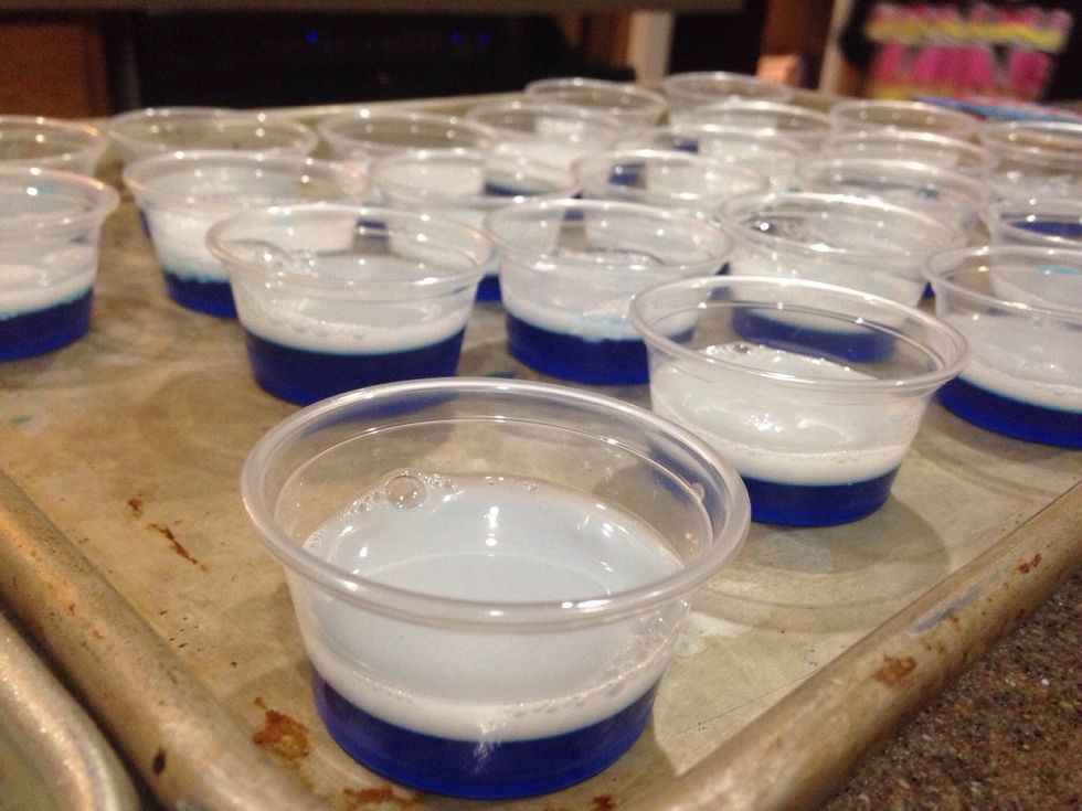 Add equal amounts to each cup. Chill for one hour, or until firm.