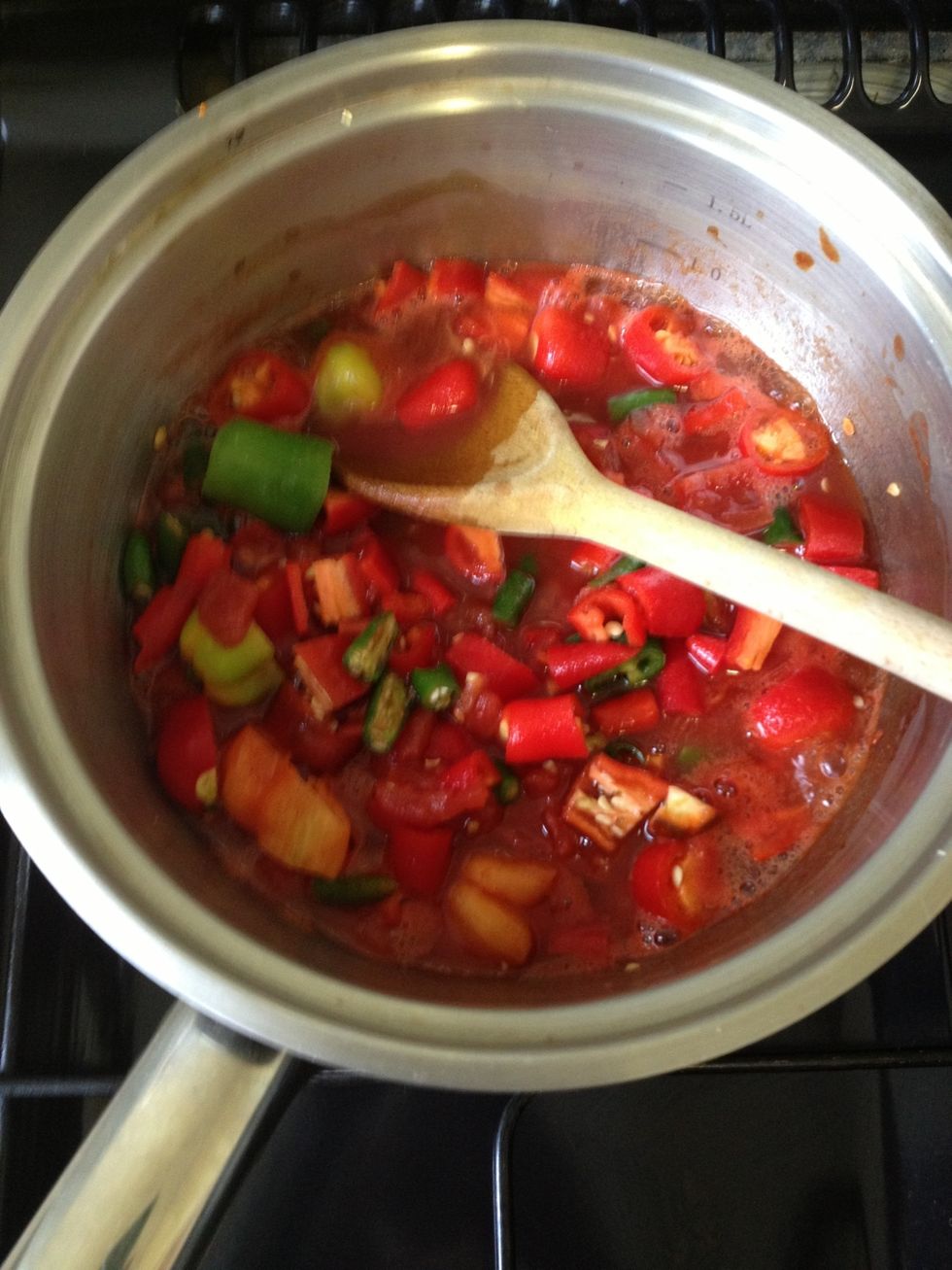 Add everything to a saucepan except the salt give it a good stir and bring it to the boil then turn down the heat. Simmer for 7-8 minutes stirring occasionally the sauce will thicken.