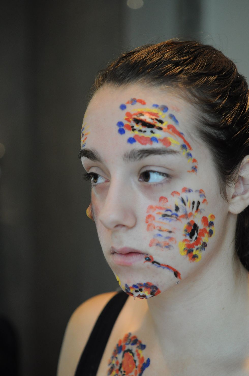 add face paint like shown, brighter colours in the middle and darker ones outside, black colour into the cuts to create depth