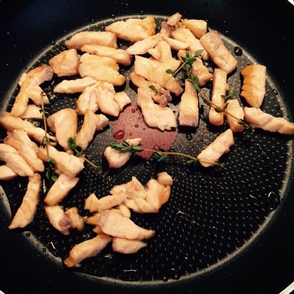 Add few thyme stems and saut\u00e9 for a couple of minutes. Then set aside and let cool.