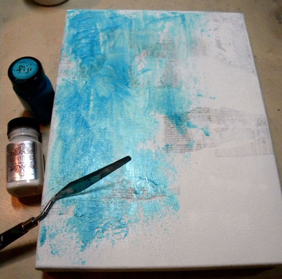 Add Fiji and Cotton Velvets with a palette knife while the layers are wet, covering most of the canvas with color.