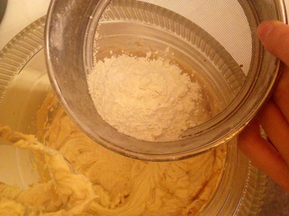Add filtered all purpose flour and baking soda into the mixture