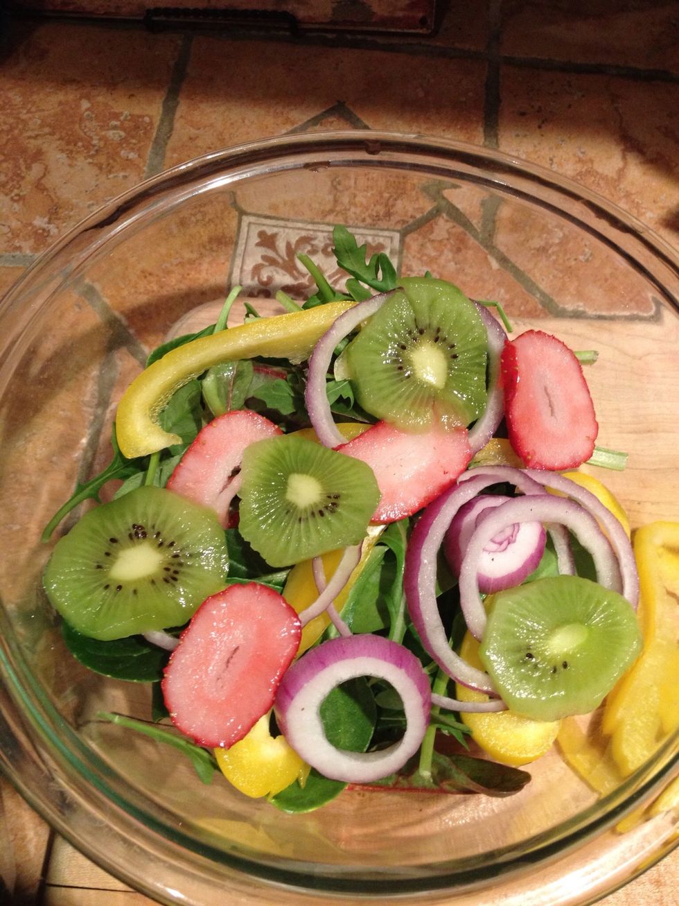 Add first layer of fruit onions and pepper