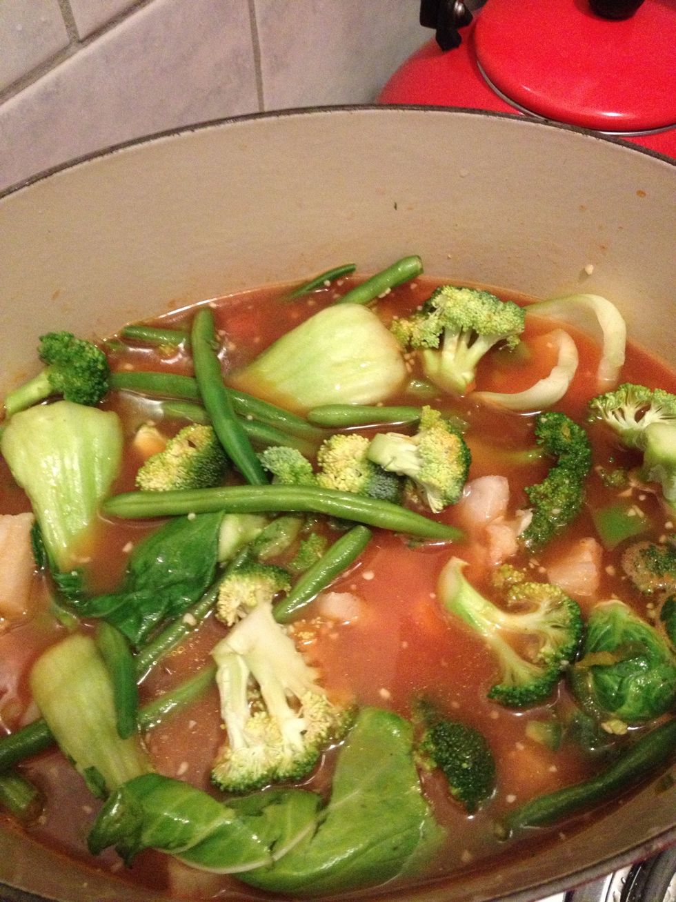 Add fish and broccoli, bok Choy, green beans,, Brussel sprouts