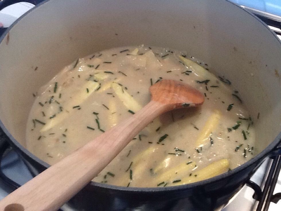 Add fish sauce, sugar, stock, remaining coconut cream, tamarind, ginger, baby corn and bamboo, stir