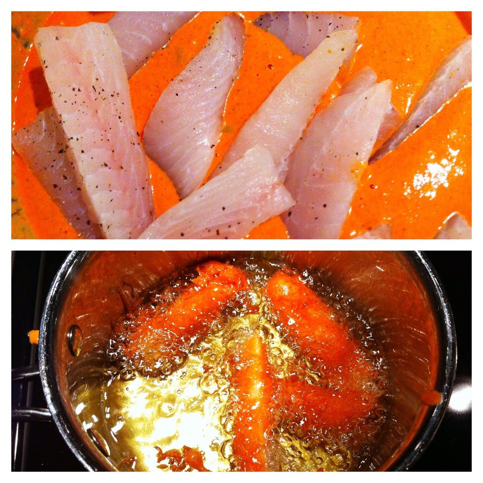 Add fish to batter, allowing it to marinade for 10 mins. Begin frying for 2-3 mins and flip. Fry until golden brown.